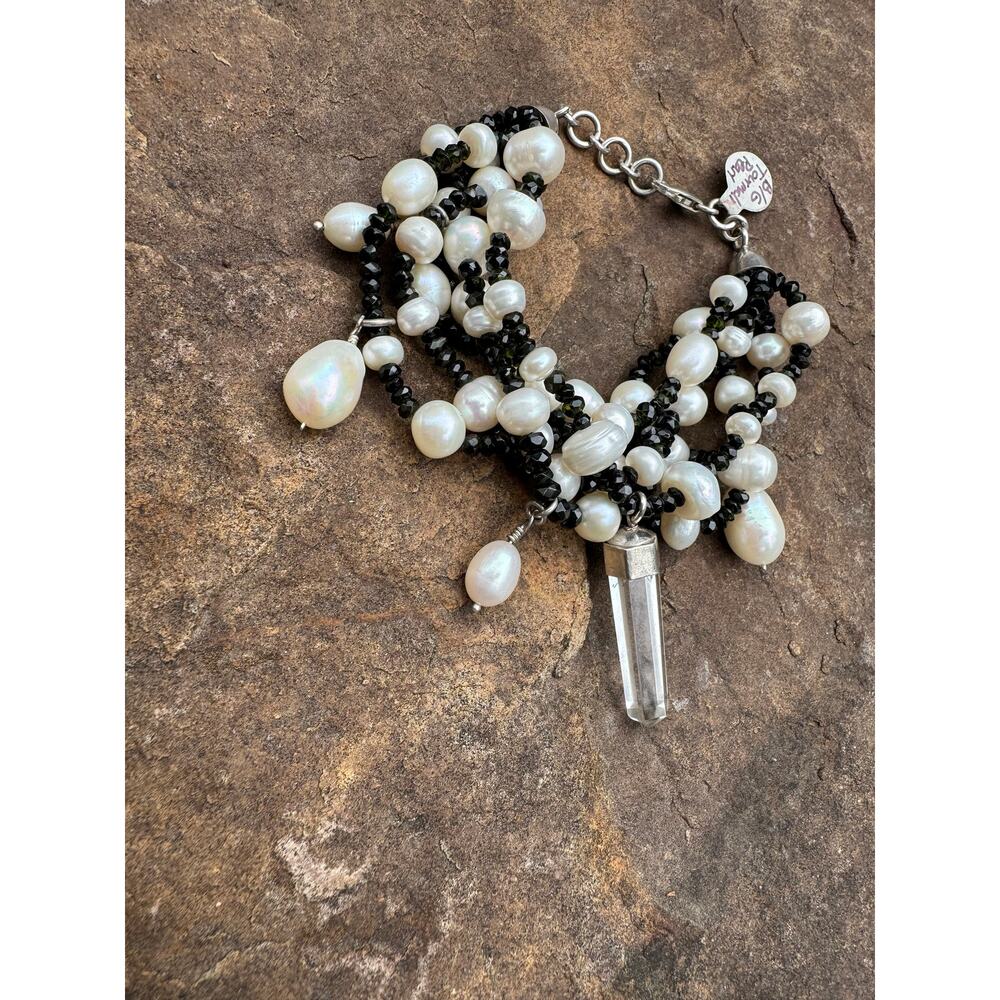 Black Tourmaline Pearl Bracelet Beaded Crystal Pearl Charms Sterling 8" - 8.5"